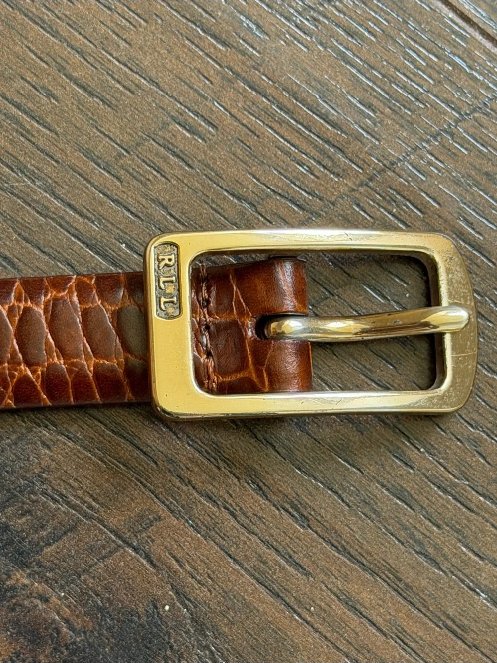 Lauren Ralph Lauren Genuine Leather Croc Embossed Brown Belt Gold Buckle